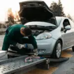 uomo sul carroattrezzi carica un auto in panne